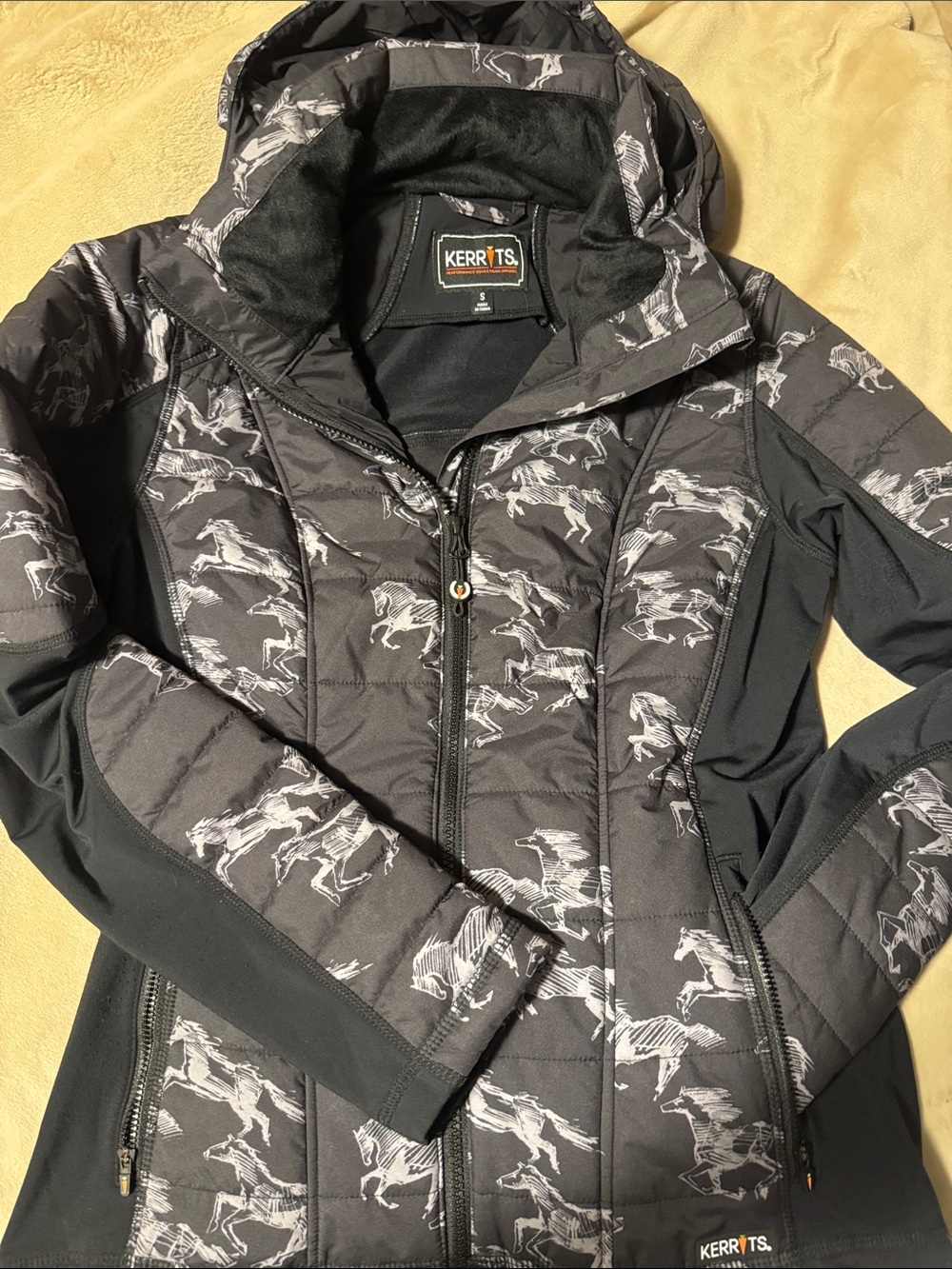 Kerrits Black Quilted Horse-Print Hooded Jacket